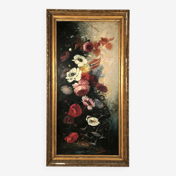 Nature morte aux fleurs, grande huile sur toile signée T. Combes, encadrement bois stuqué et doré