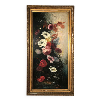 Nature morte aux fleurs, grande huile sur toile signée T. Combes, encadrement bois stuqué et doré