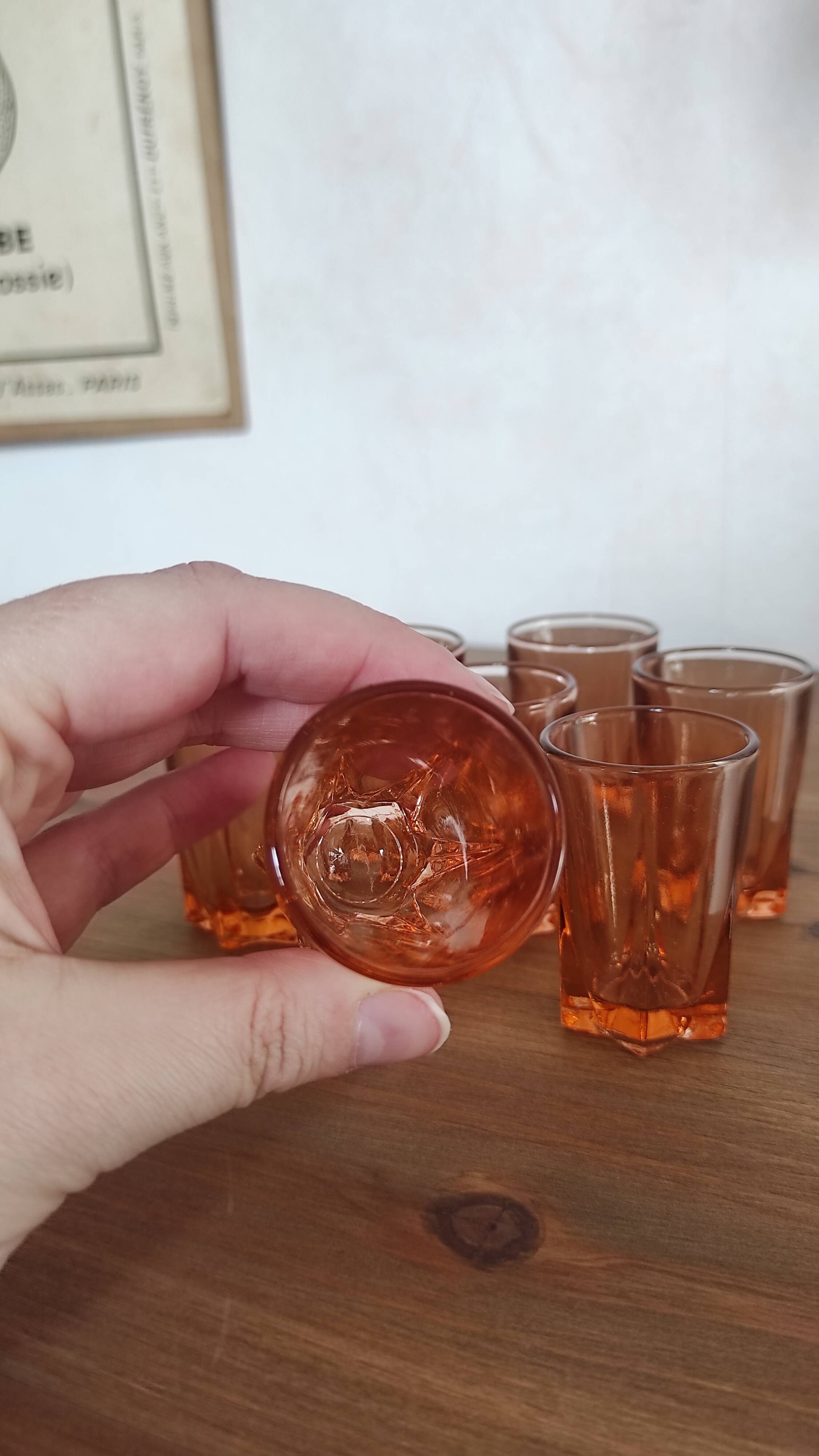 Set of 7 vintage Rosaline liqueur glasses in translucent pink glass