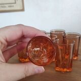 Set of 7 vintage Rosaline liqueur glasses in translucent pink glass