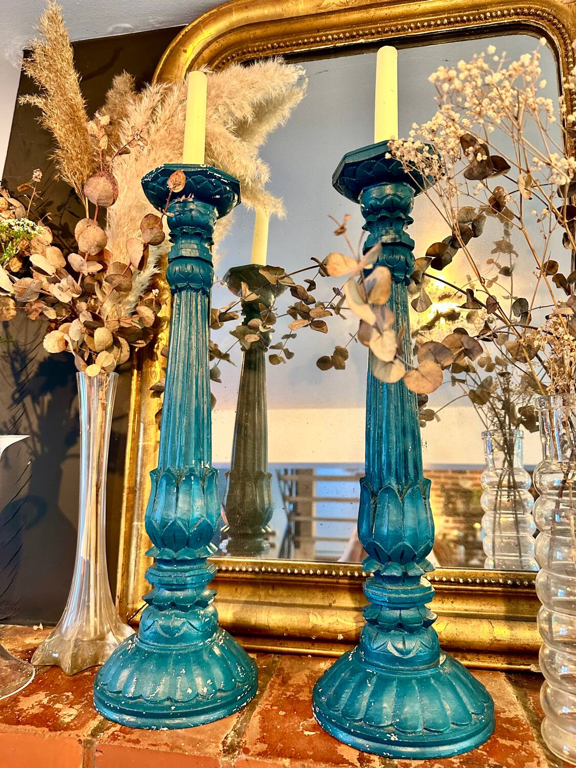 2 vintage duck blue wooden candlesticks