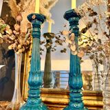 2 Large vintage duck blue wooden candlesticks