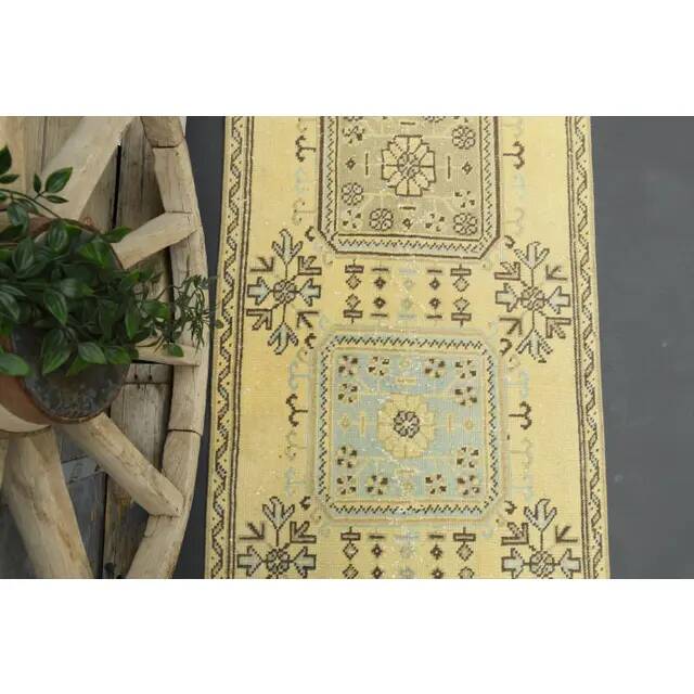 1970s Turkish Oushak Handmade Wool Cotton Yellow Runner 86x335
