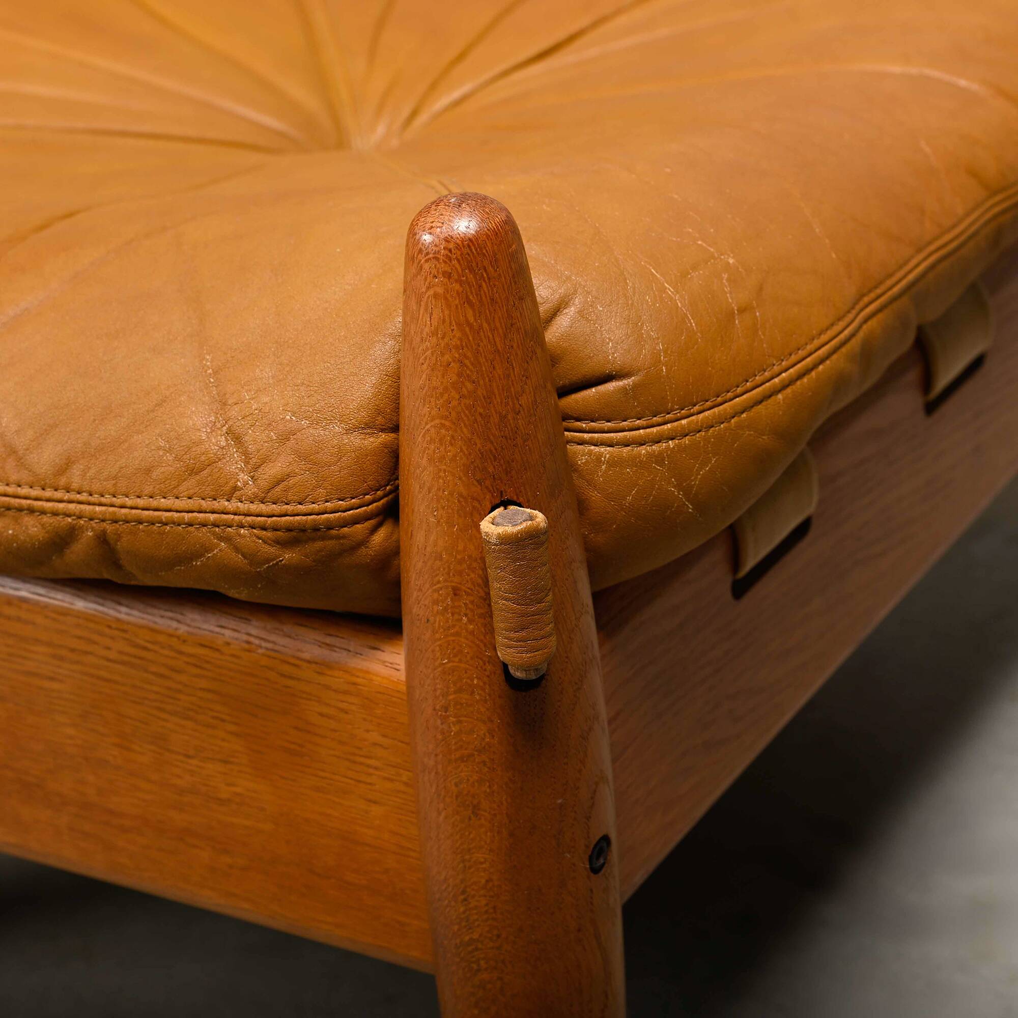 Brazilian Stool Ottoman Oak and Leather in the style of Sergio Rodrigues
