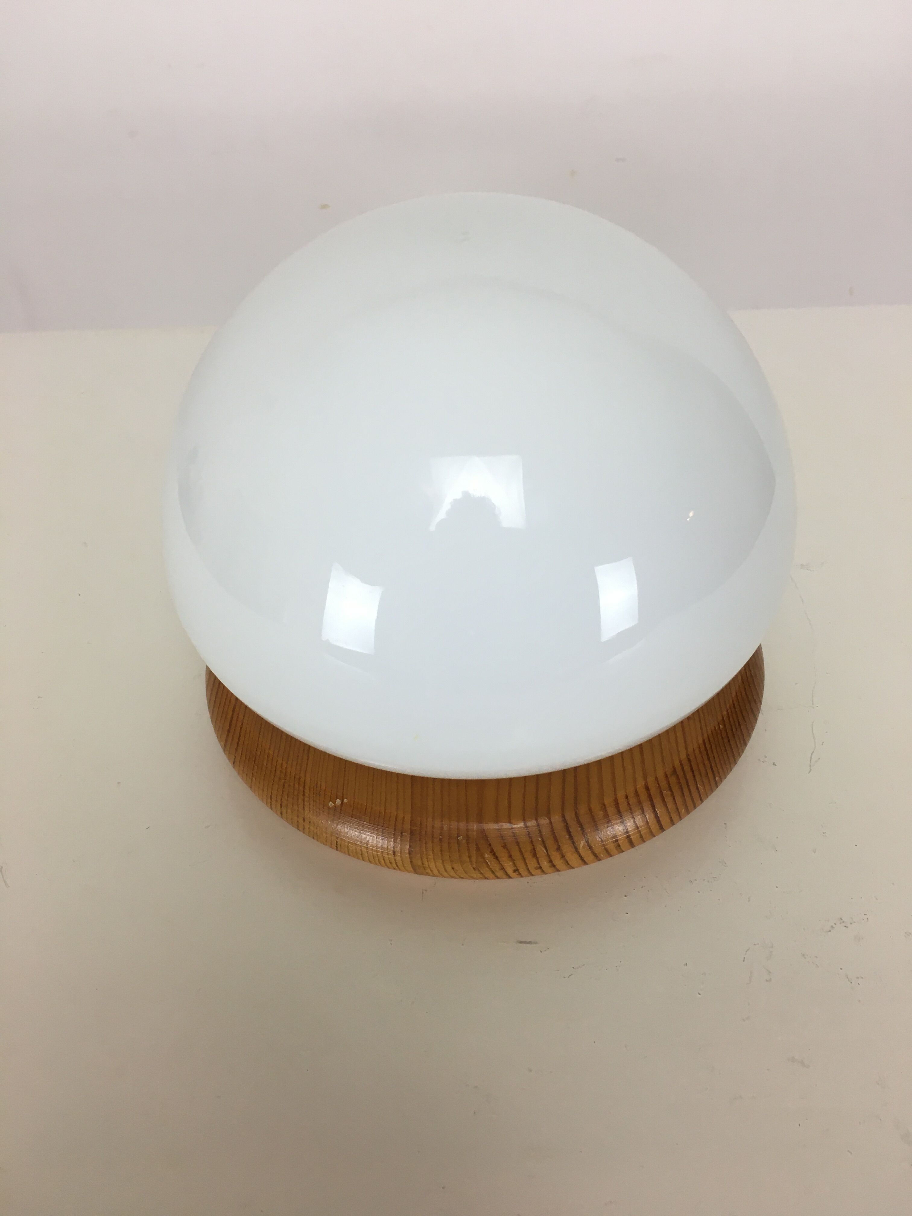 Mushroom lamp, white opaline on pine base