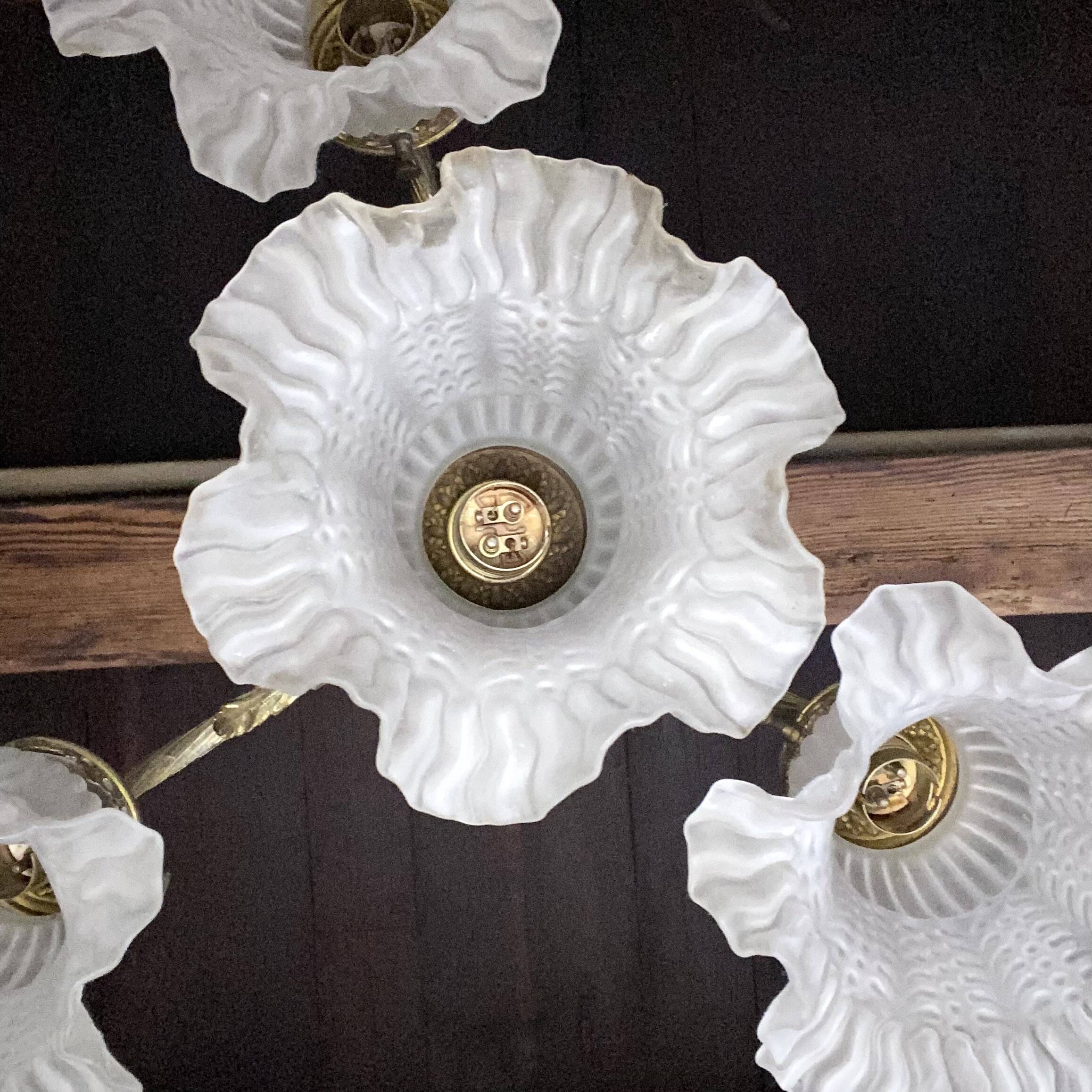 Empire bronze chandelier with 4 lights in glass tulips