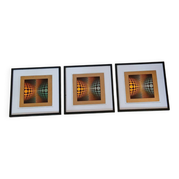 Optical Art Triptych - Victor Vasarely - 3 Frames 40x40cm