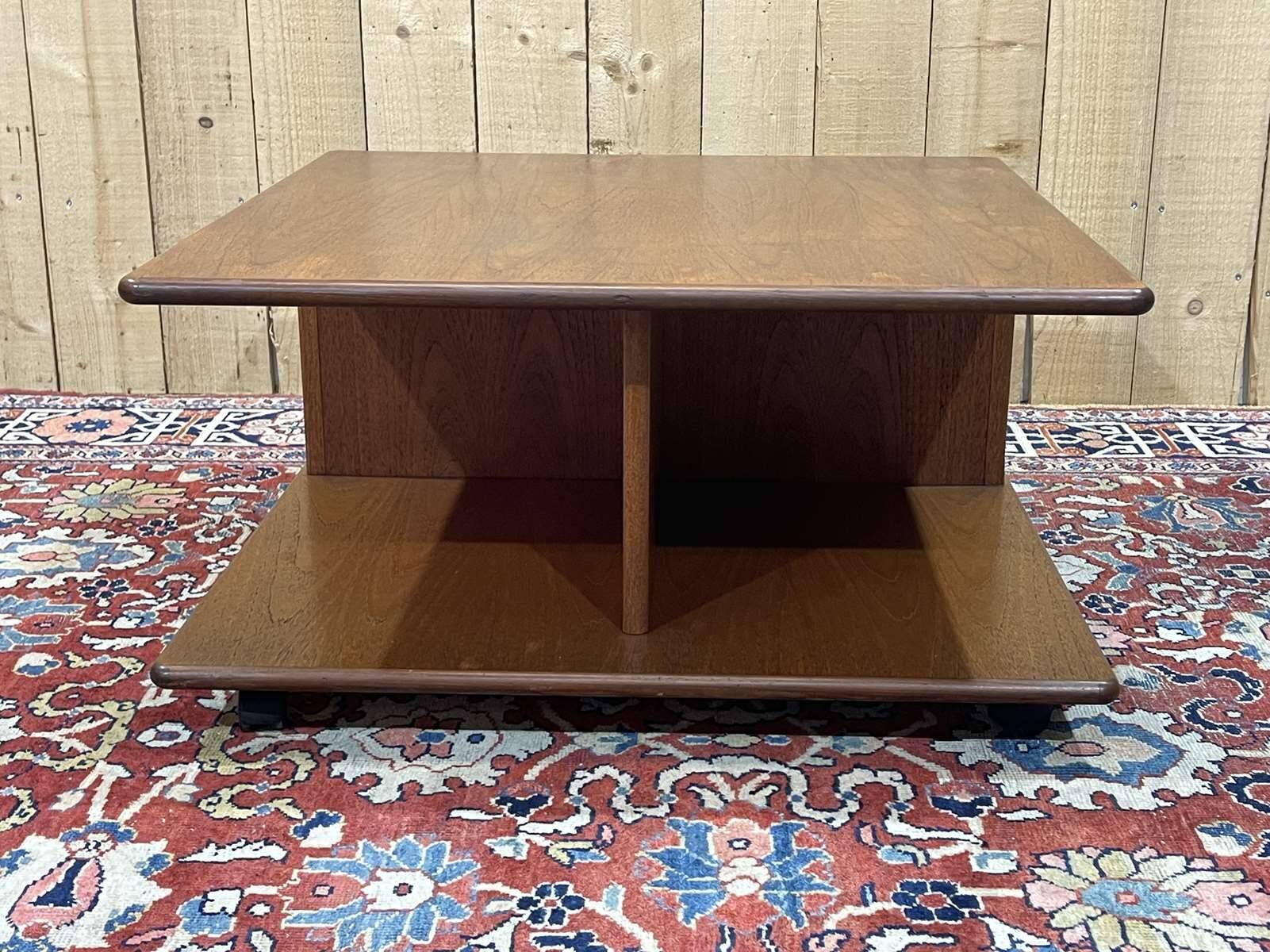 Square teak coffee table on wheels from the 70s by G-Plan