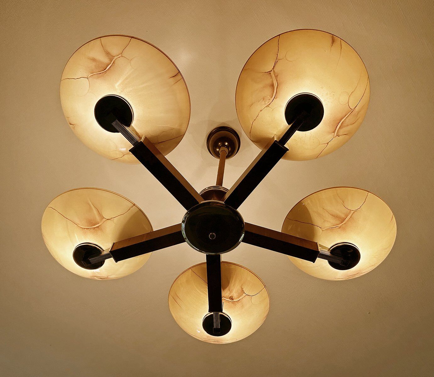 Large Art Deco pendant light in wood and glass, 1930s