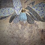 Pendant light, chandelier, rattan petals and fabric flower and blue Clichy globe