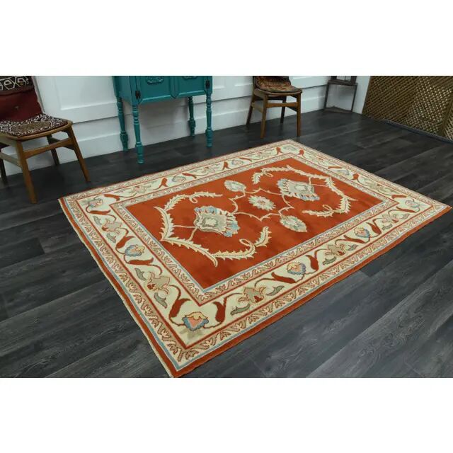 1970s Vintage Turkish Oushak Handmade Wool Cotton Orange Area Rug 173x230