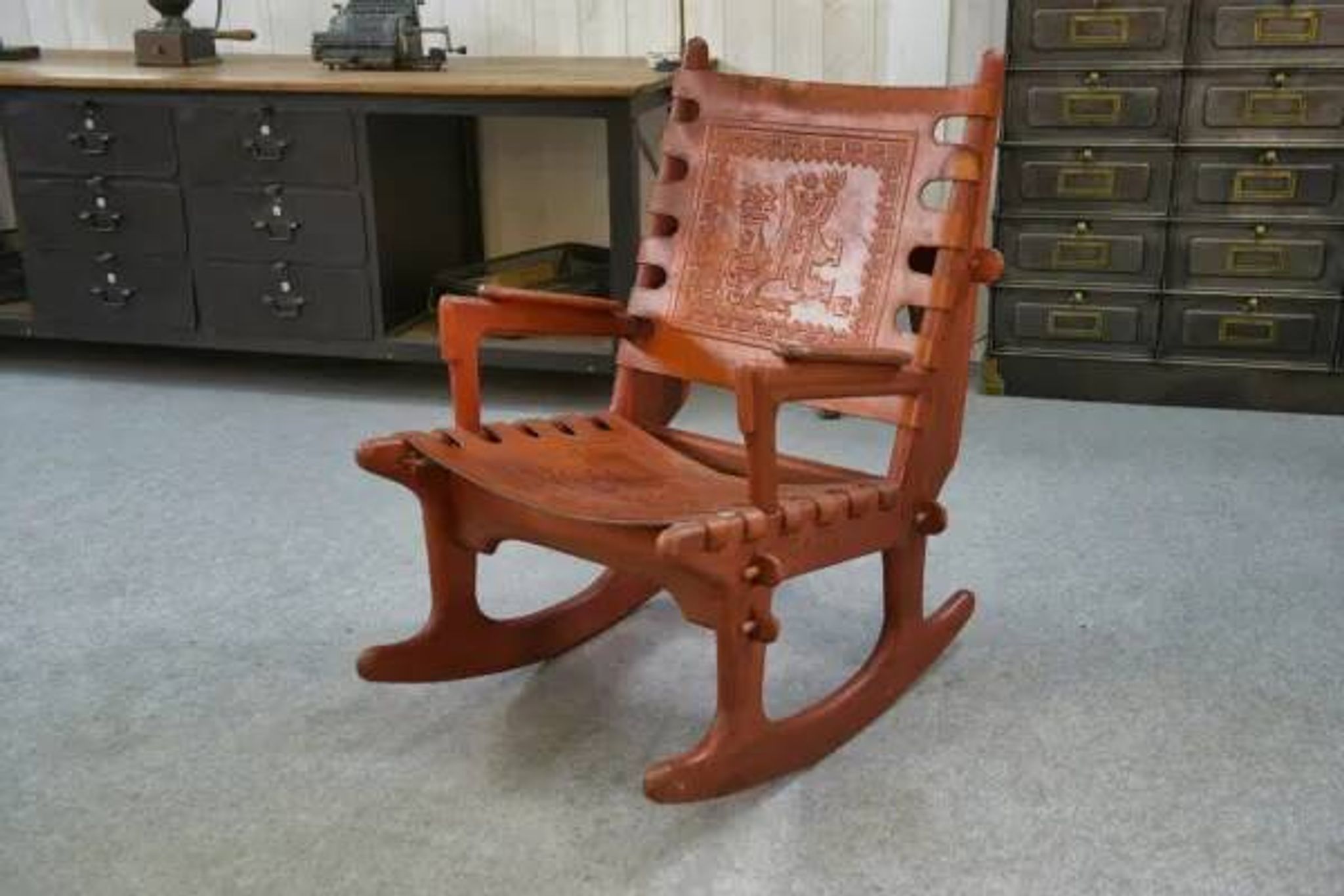 Armchair by Angel Pazmino in wood and red leather 1960's