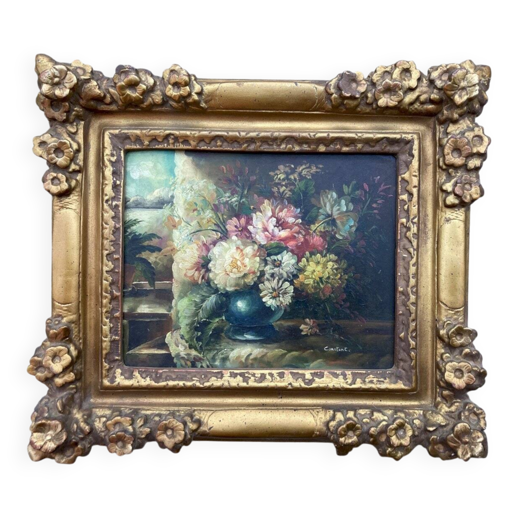 Old painting Still Life with Flowers Golden frame with relief flower decoration