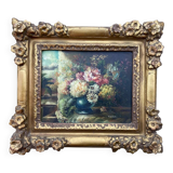 Old painting Still Life with Flowers Golden frame with relief flower decoration