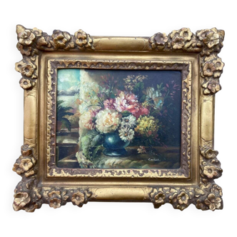 Old painting Still Life with Flowers Golden frame with relief flower decoration