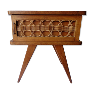 Wooden and rattan bedside table