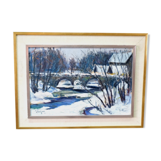Gideon isaksson (1911-1980), scandinavian modern landscape, 1960s, oil on panel, framed