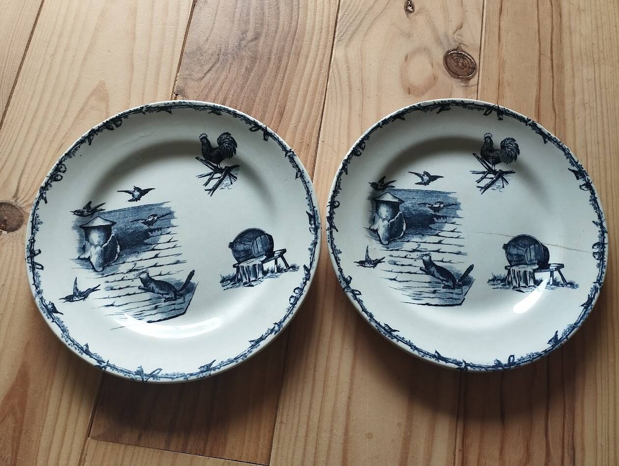 Assiettes Terre de Fer – Décor pastoral bleu – XIXe