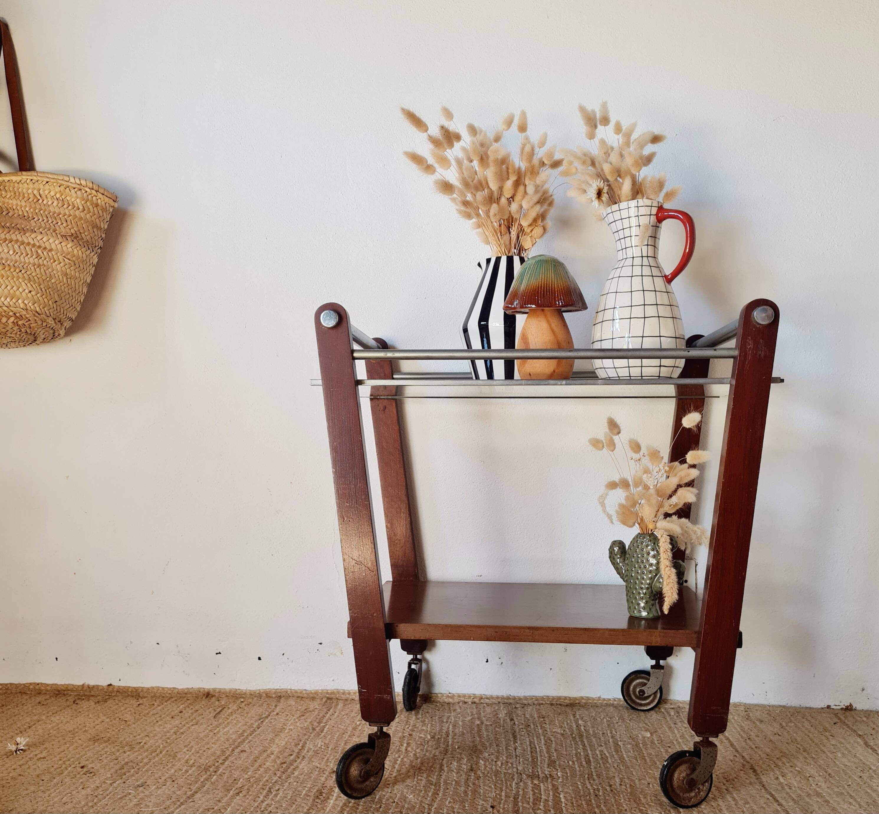 Vintage wooden and metal side table | Retro rolling cart