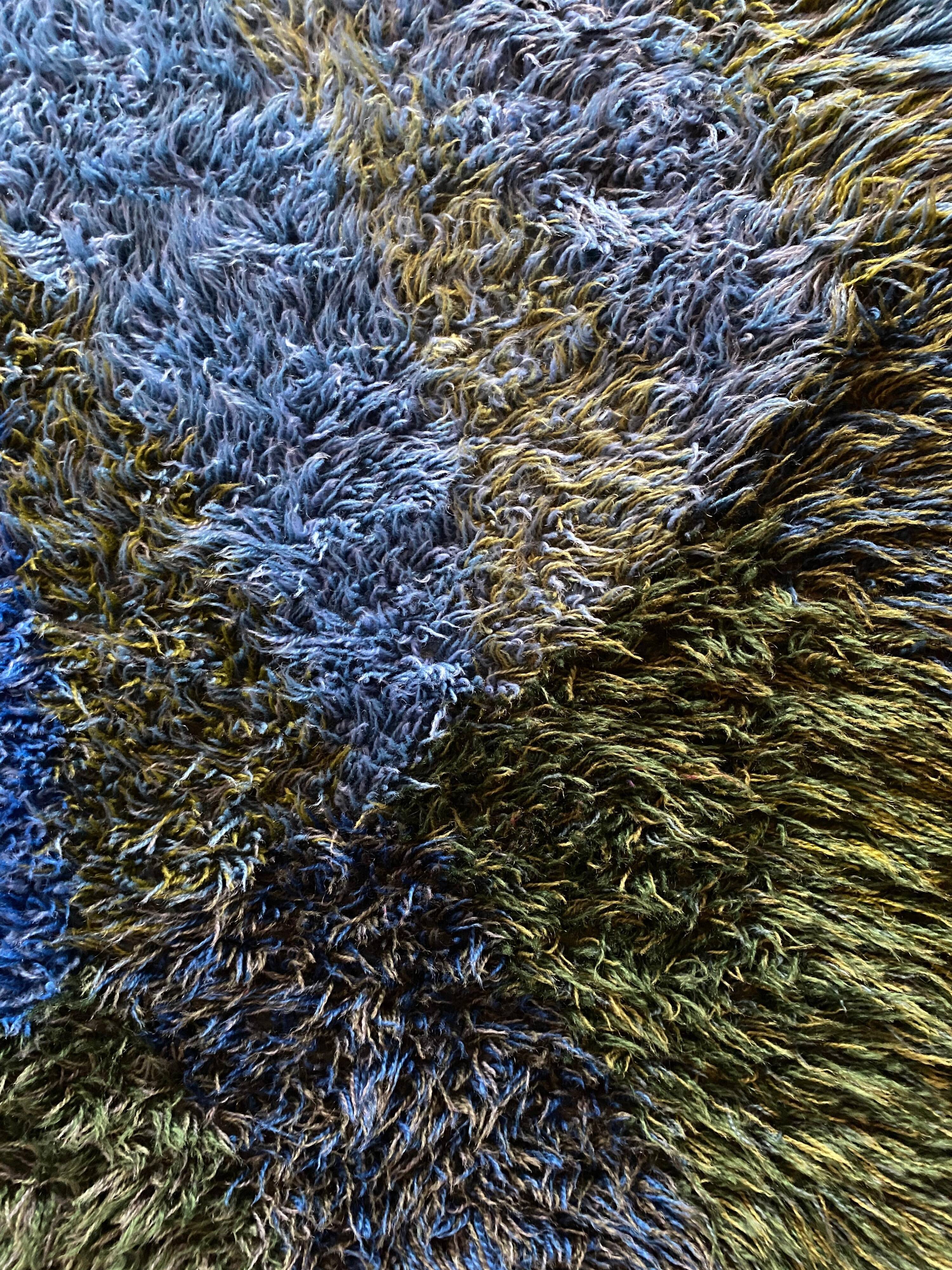 Mid-century Modern High Pile Blue Rya Rug, Sweden, 1960s