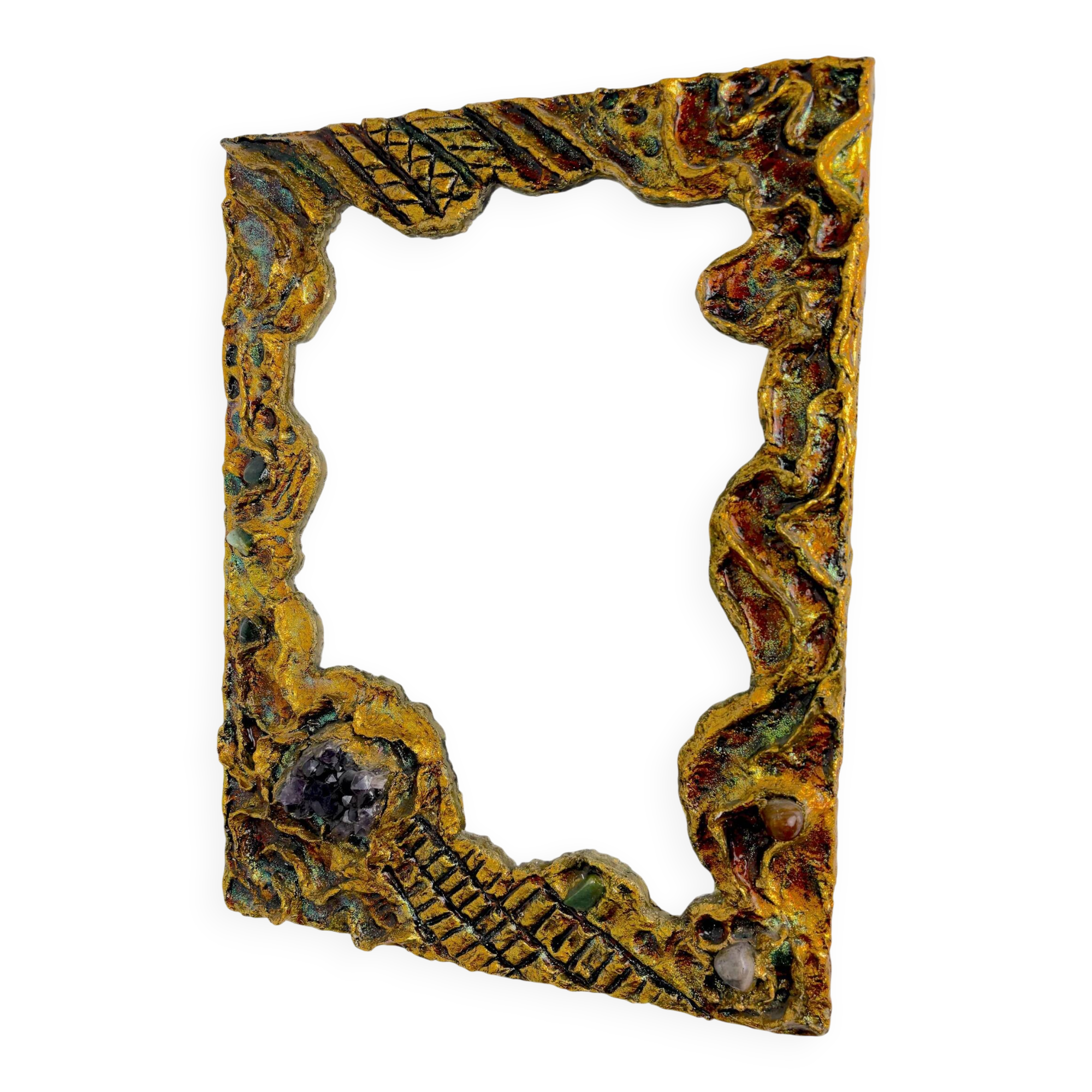 Italian brutalist resin and stones mirror, 1970s