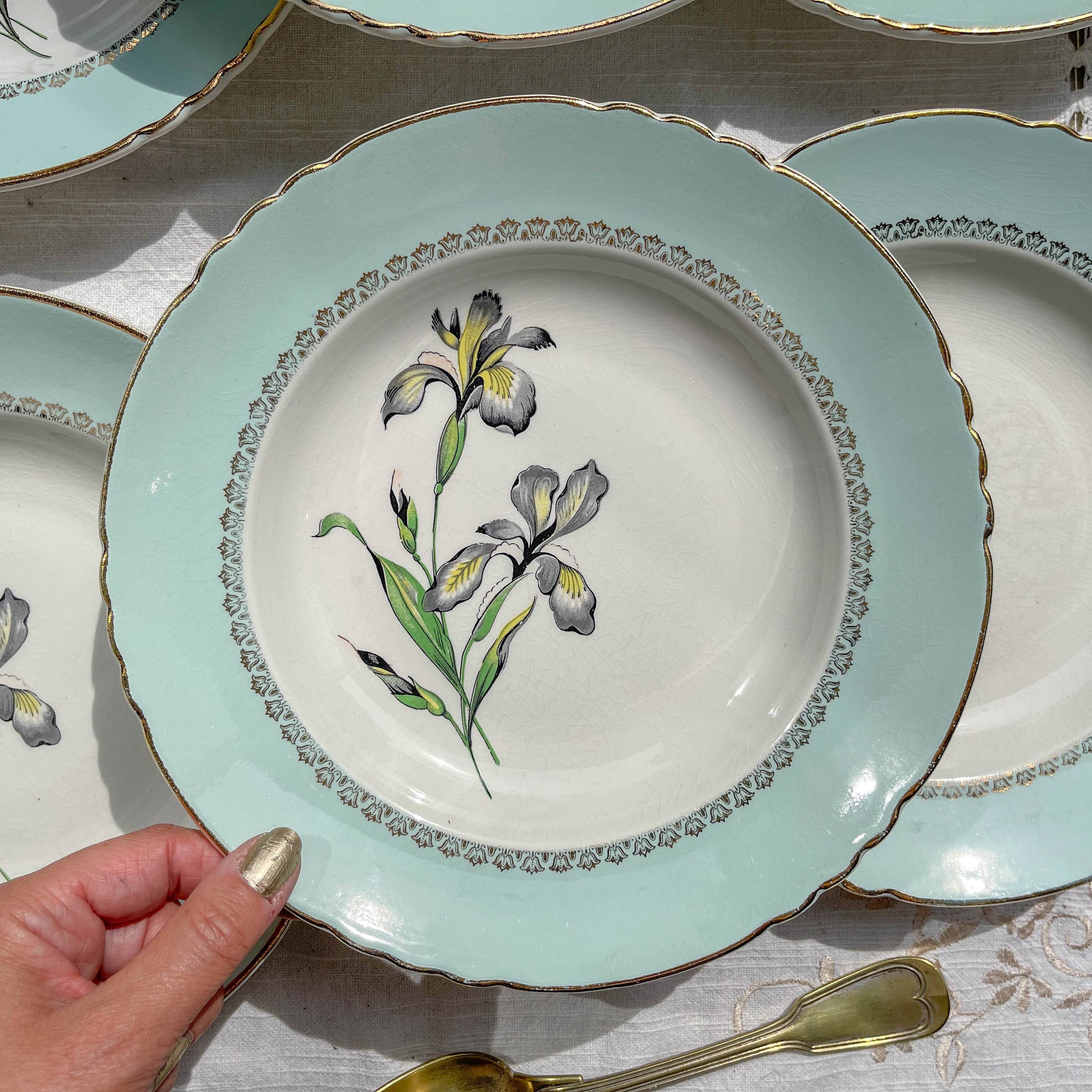 6 vintage white and green porcelain soup plates Iris Moulin des Loups "Sargosse" 1950s