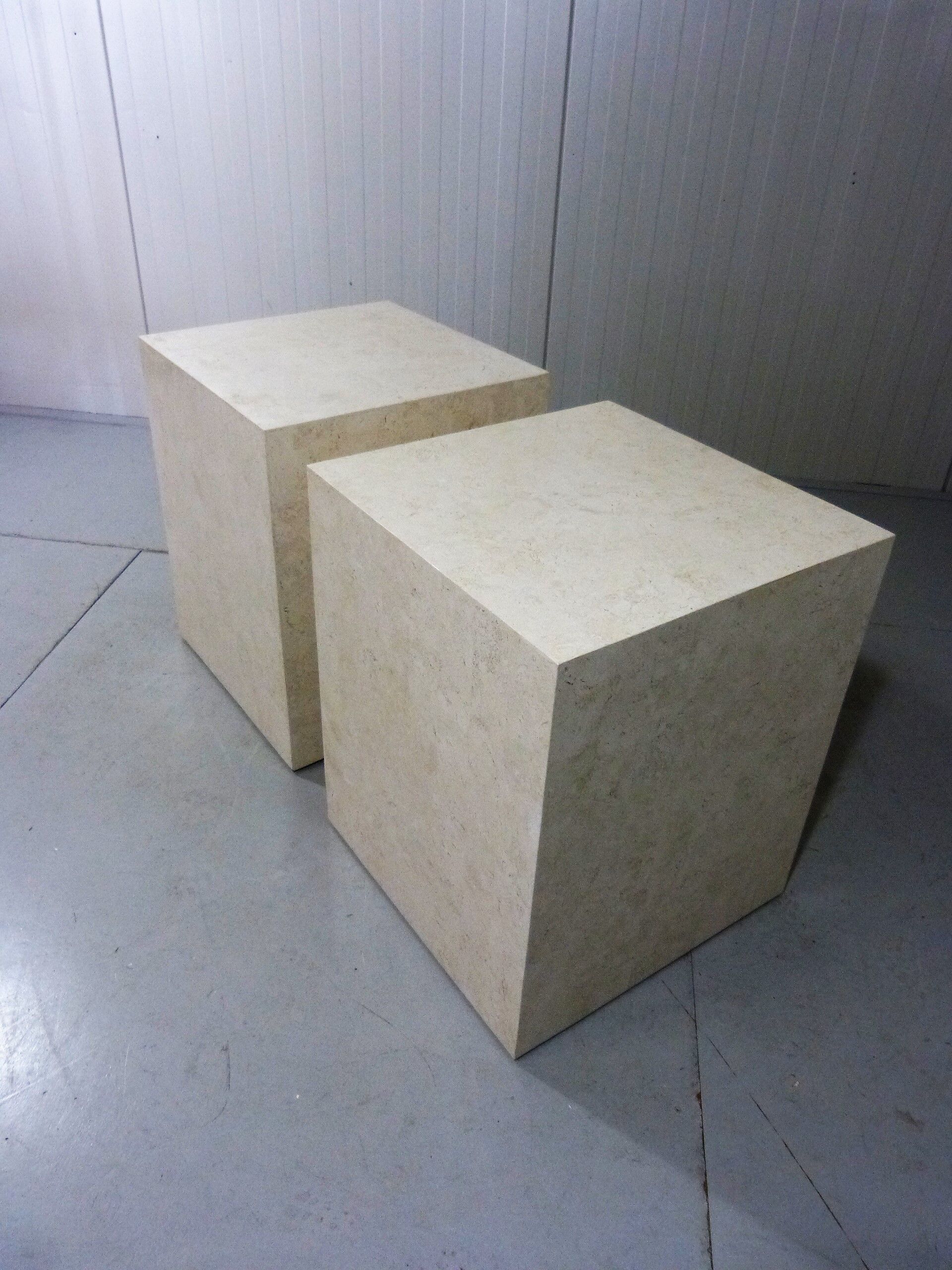 Set of 2 Italian travertine pedestals or side tables 1980’s