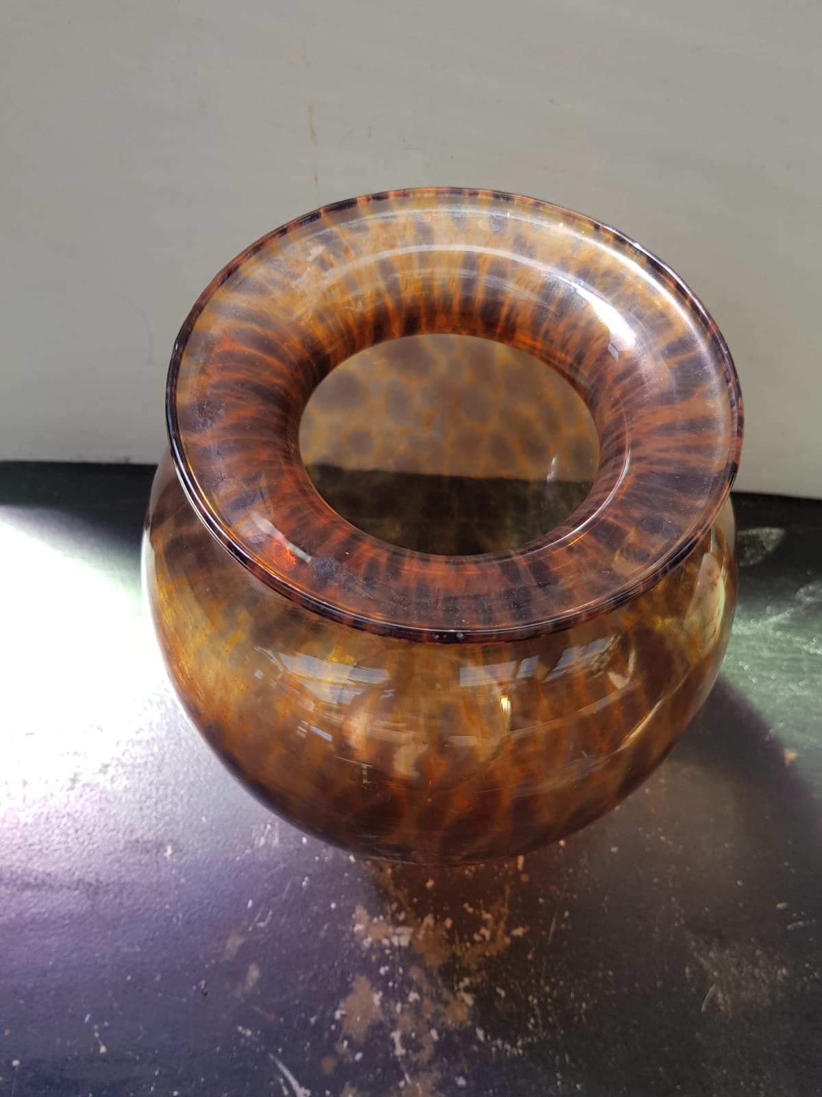 Old multilayer glass vase spotted orange brown vintage