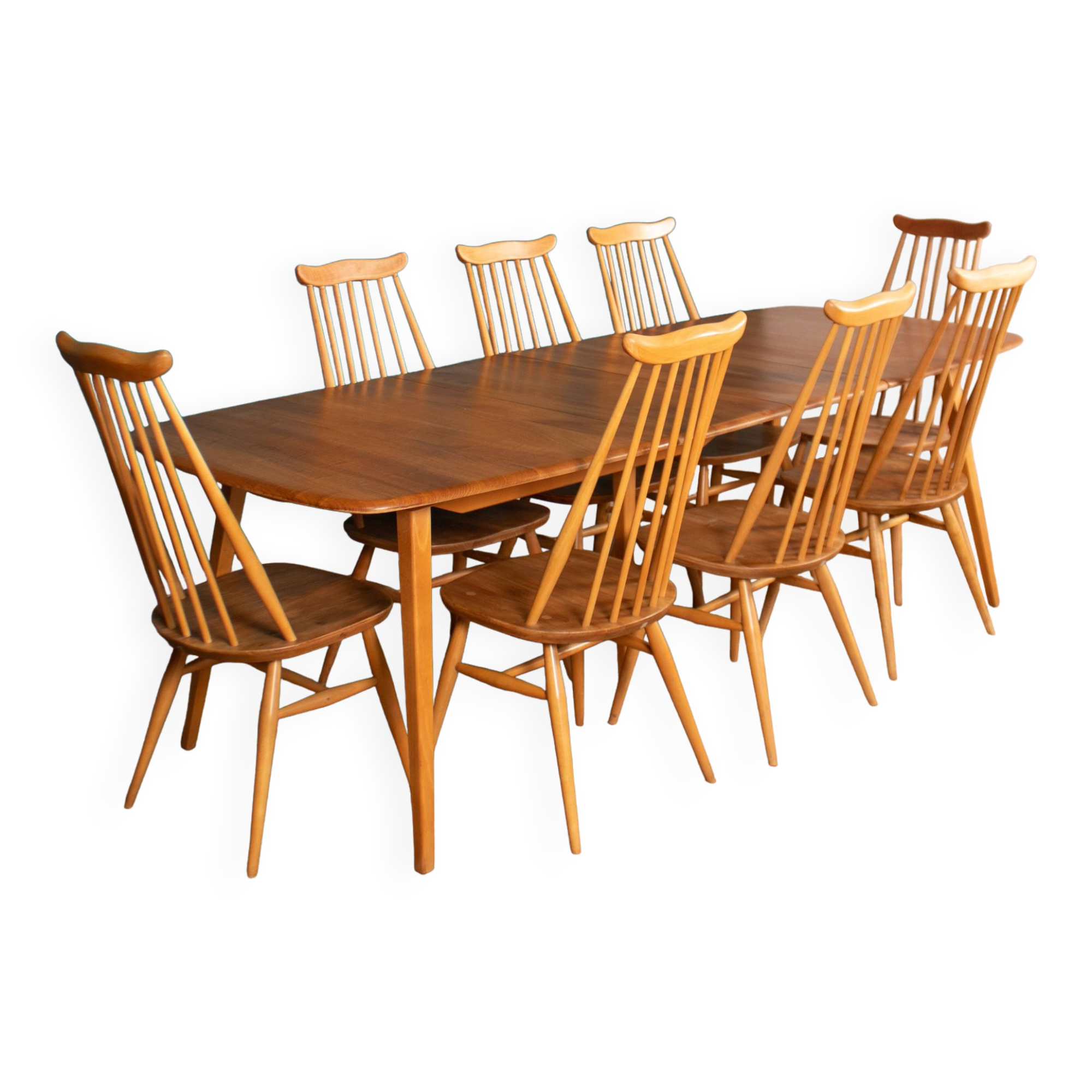 Table de salle à manger rétro en orme blond modèle 444, grande planche et 8 chaises de salle à manger d'orfèvre