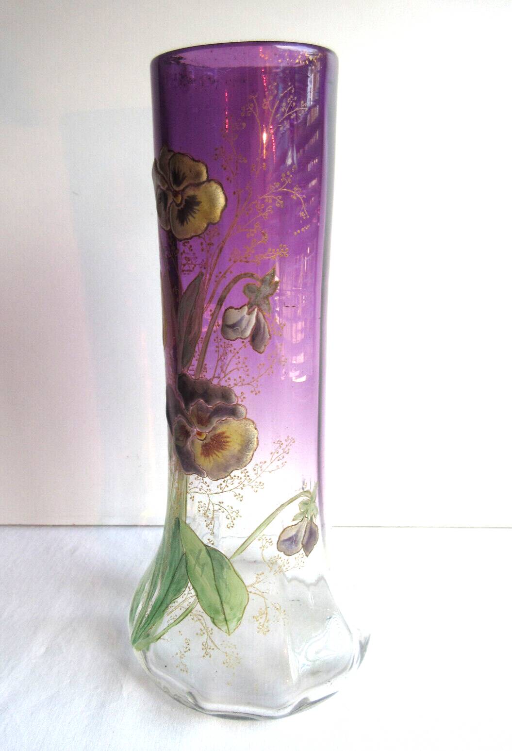 Legras enameled vase, multicolored pansies, colorless gradient purple glass