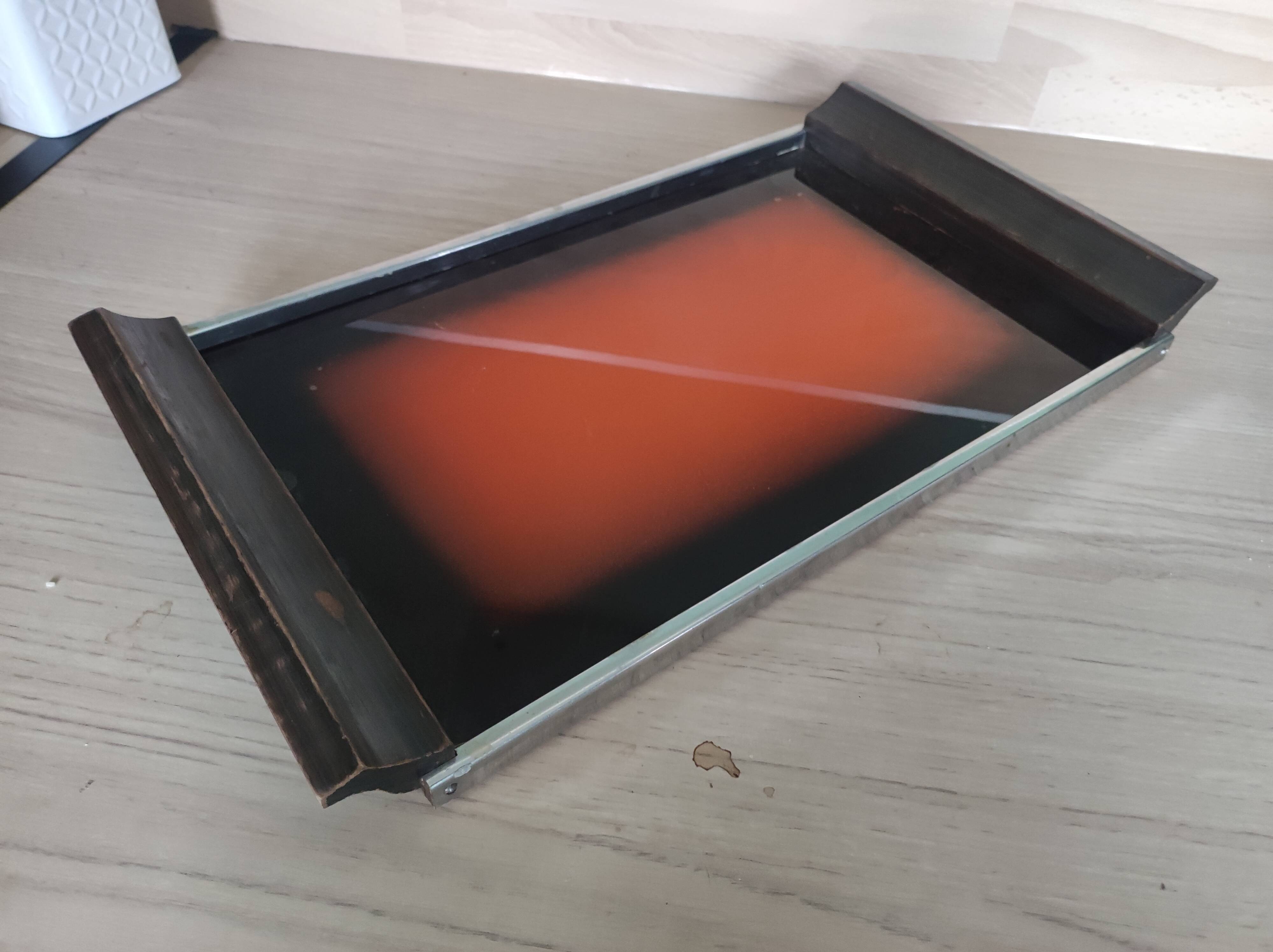 Meal tray wood glass metal vintage