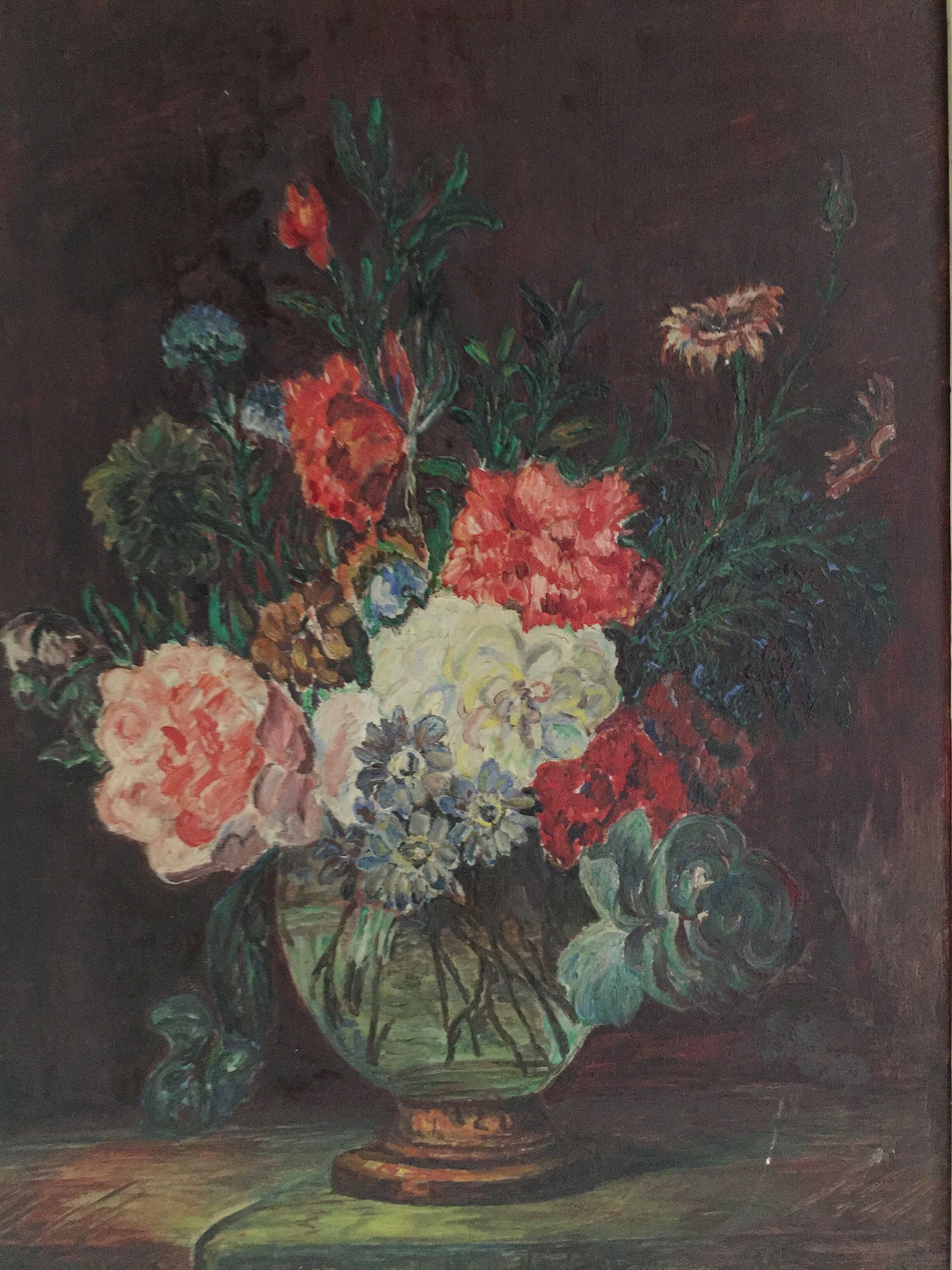 Oil on panel: still life with a bouquet of flowers on a bed