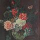 Oil on panel: still life with a bouquet of flowers on a bed