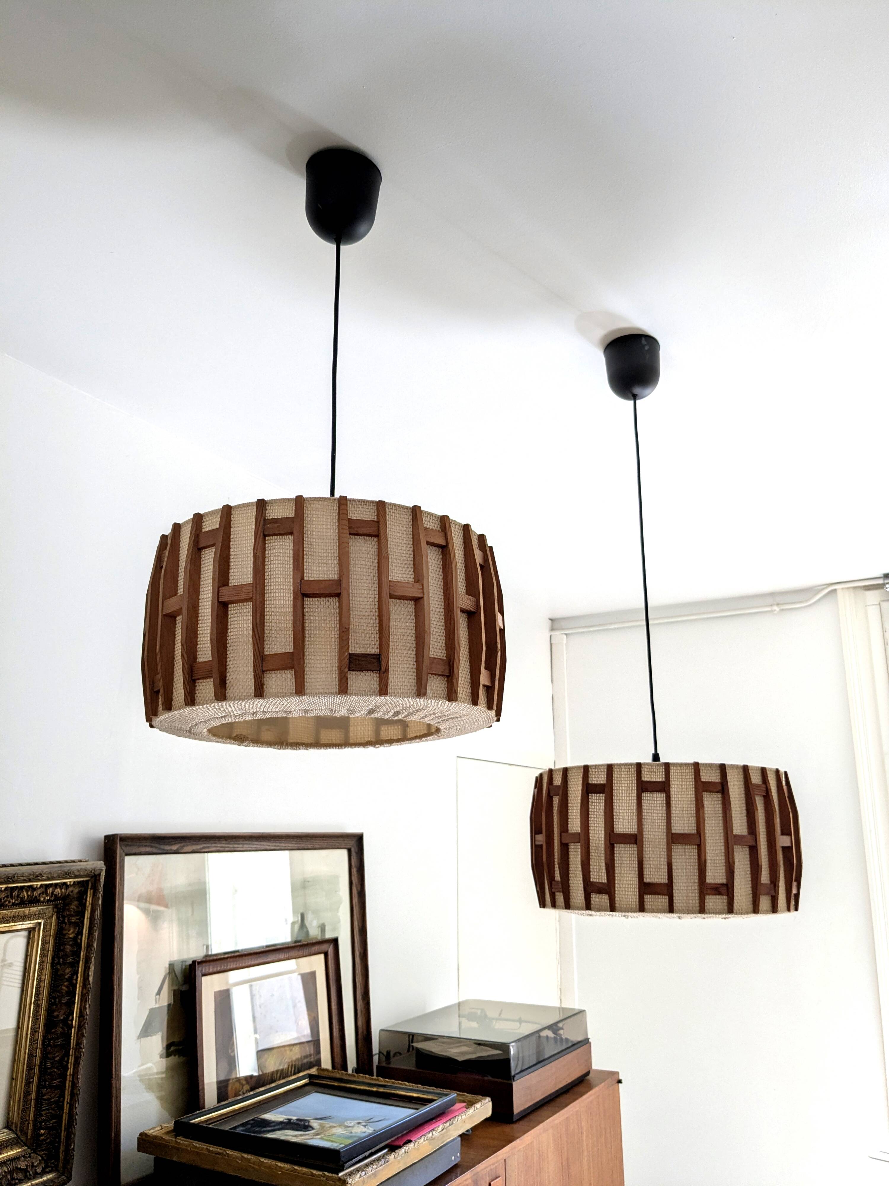 Pair of Scandinavian wooden and fabric pendant lights from the 60s