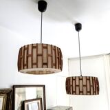 Pair of Scandinavian wooden and fabric pendant lights from the 60s