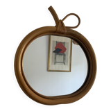 Miroir vintage 1960 pomme rotin osier bambou - 32 x 35 cm