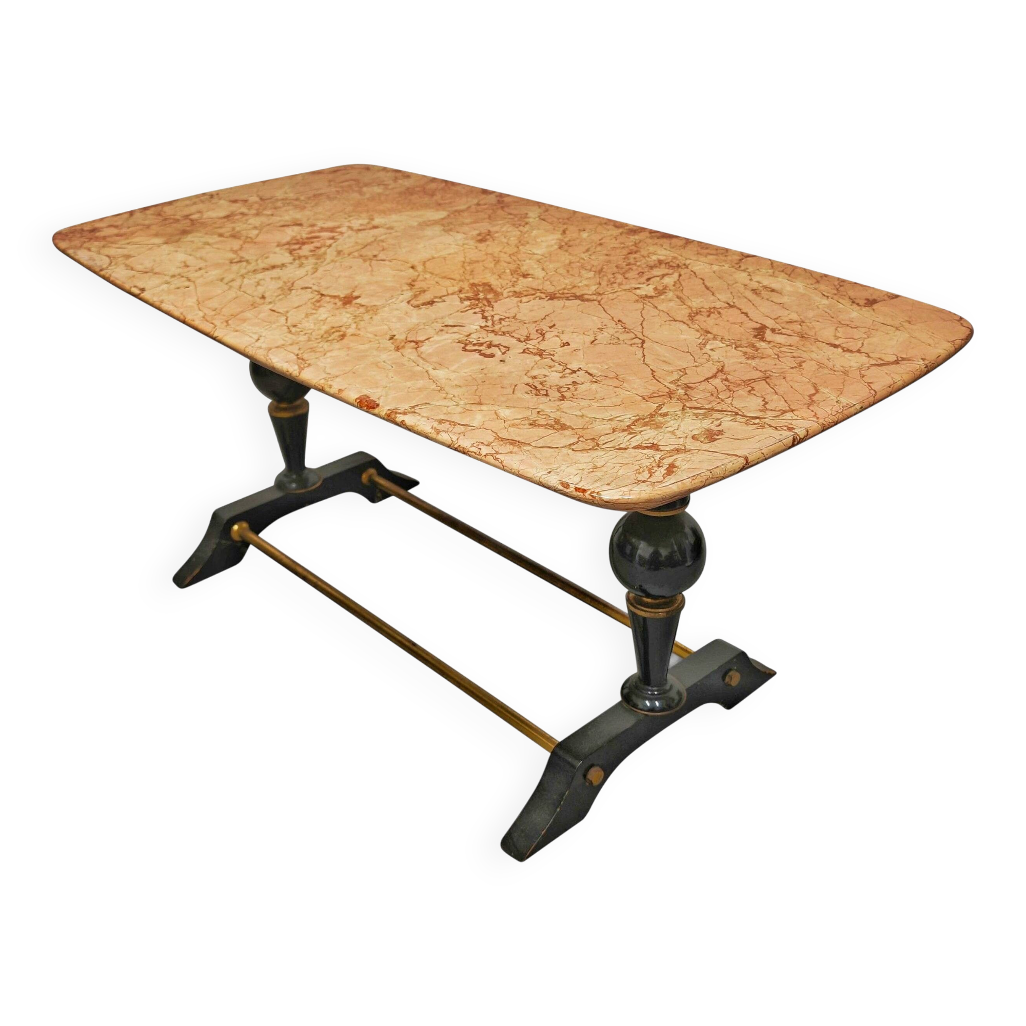 Table basse mid-century moderne en marbre, laiton et bois, années 1950