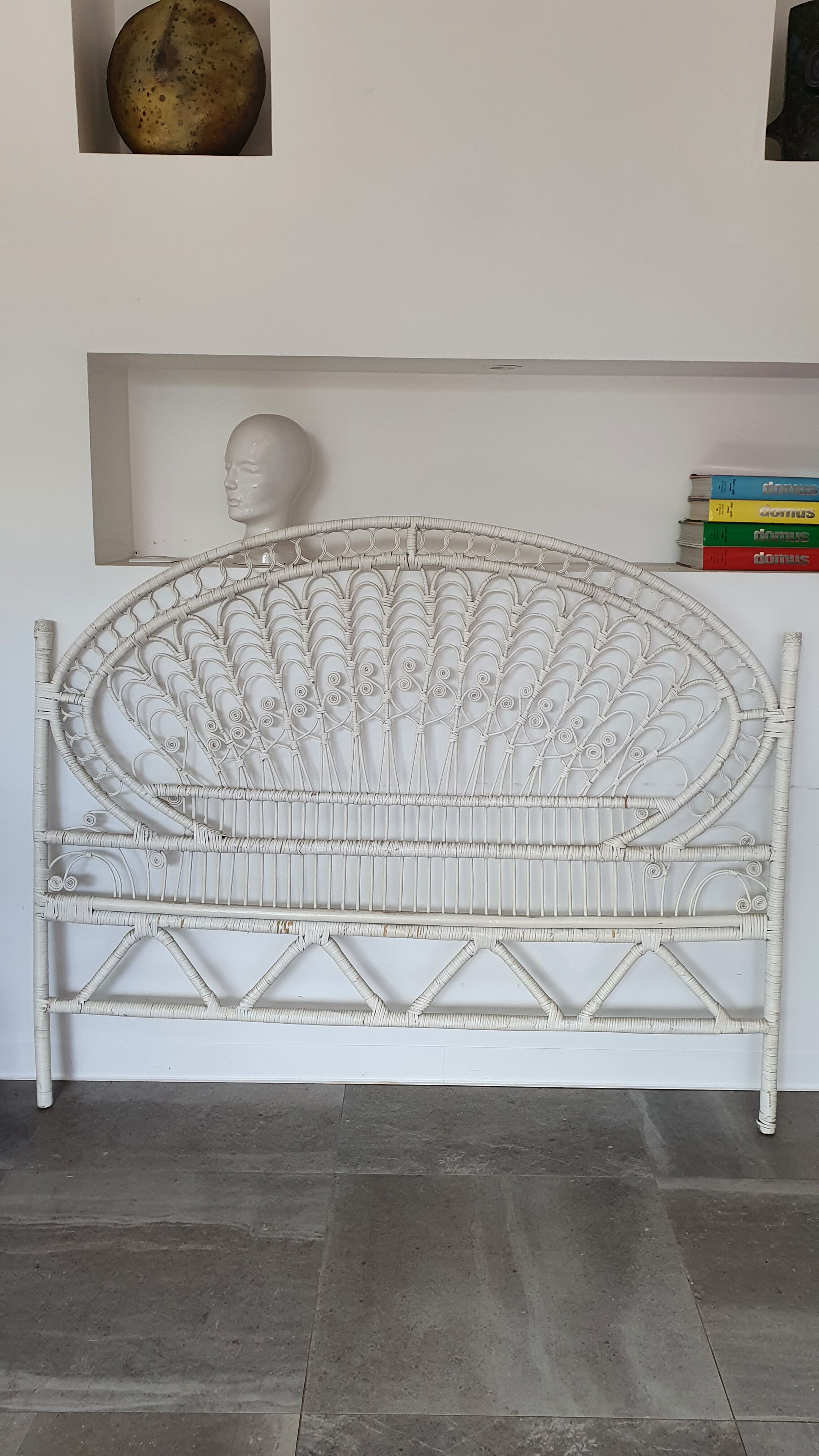 Peacock rattan headboard painted white
