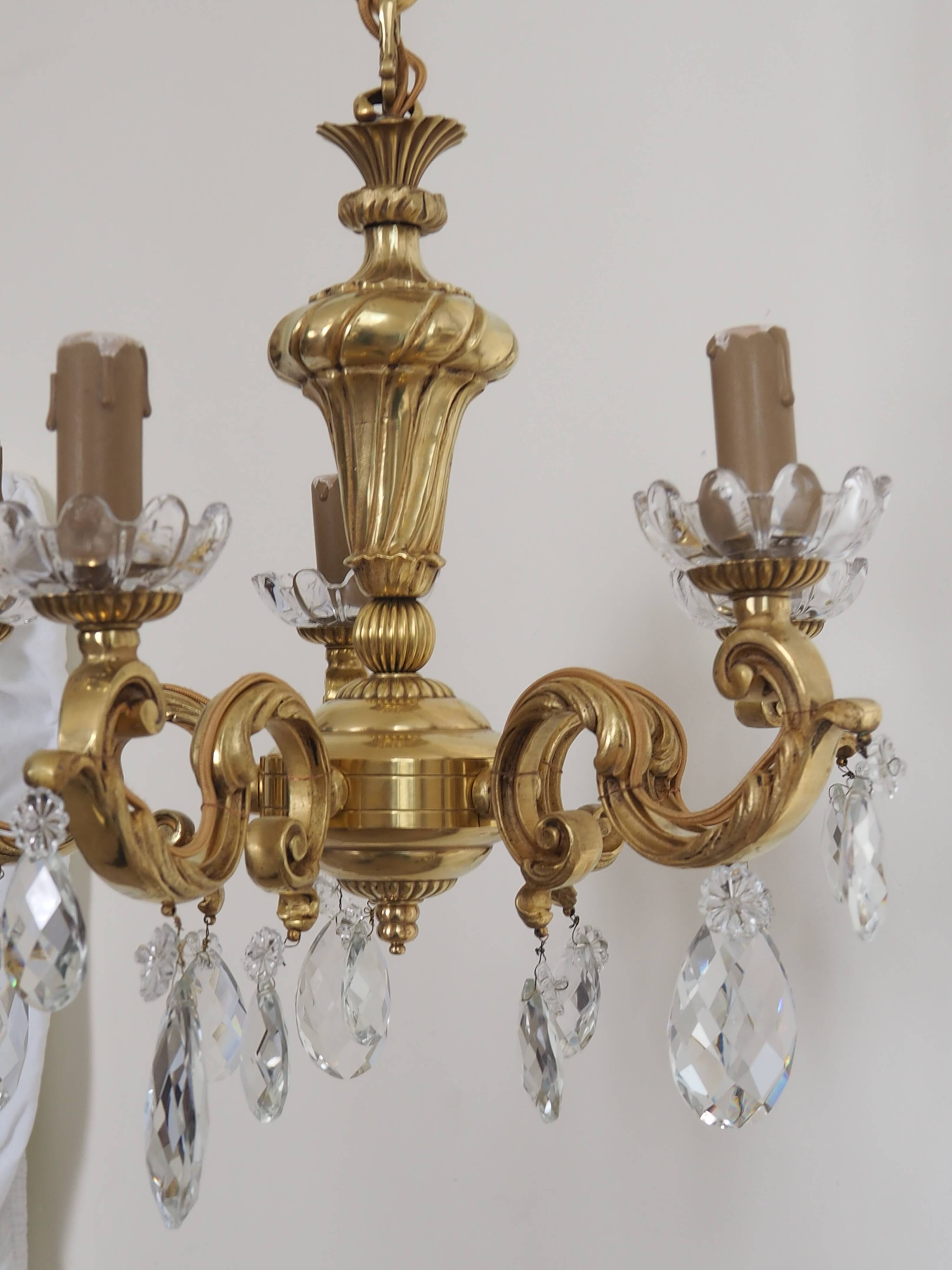Solid bronze chandelier with crystal pendants and candle holders - Lucien GAU