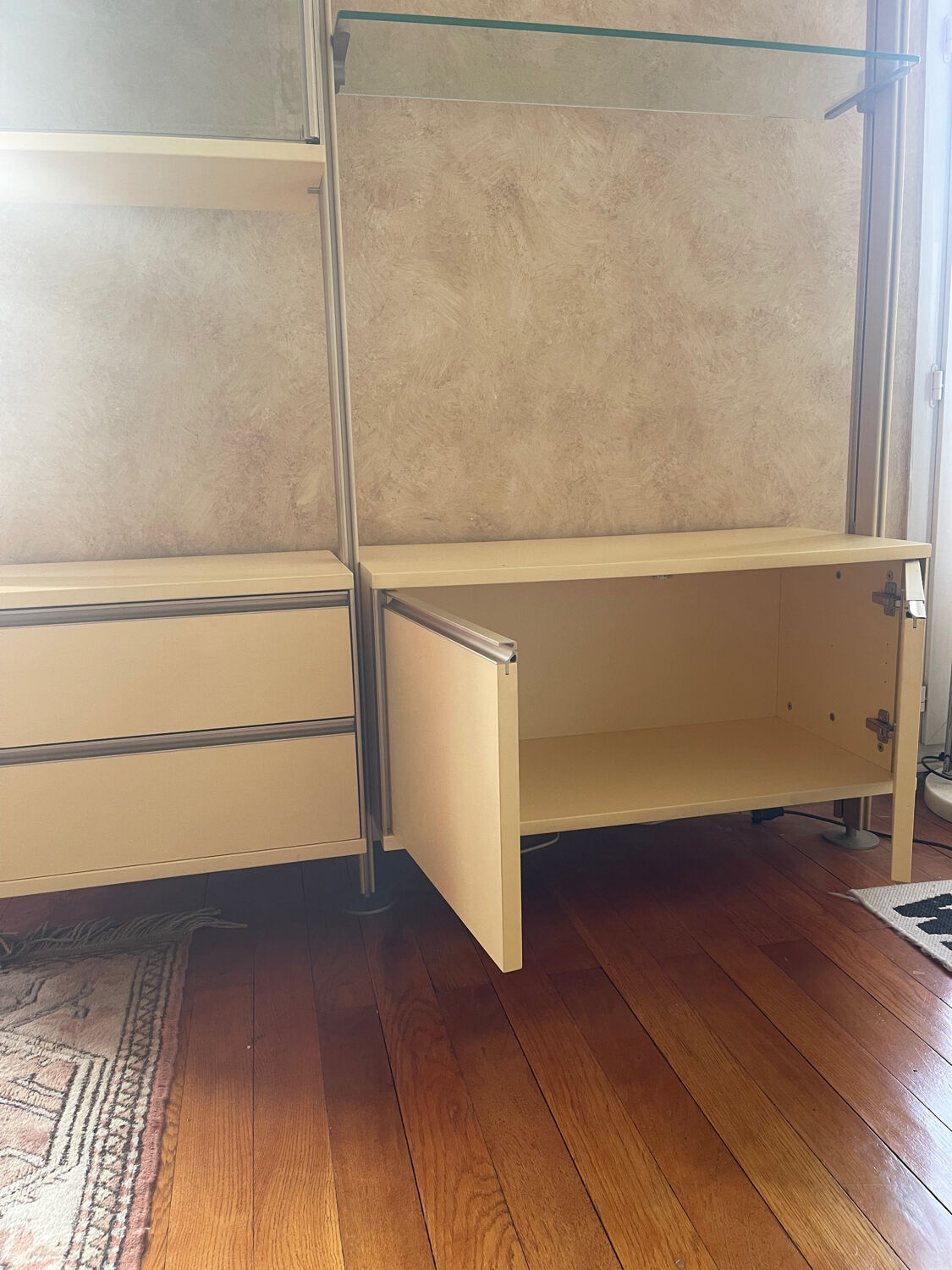 Library, vintage glass and gold aluminium display case, 1980s.