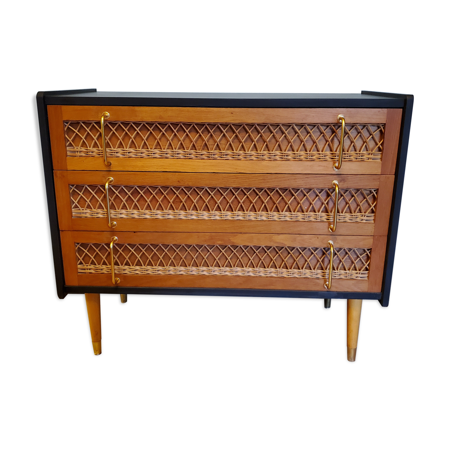 60's wood and rattan dresser