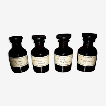 Lot of 4 pharmacy bottles 60 ml codeine, coca powder, soded lime, acetic acid