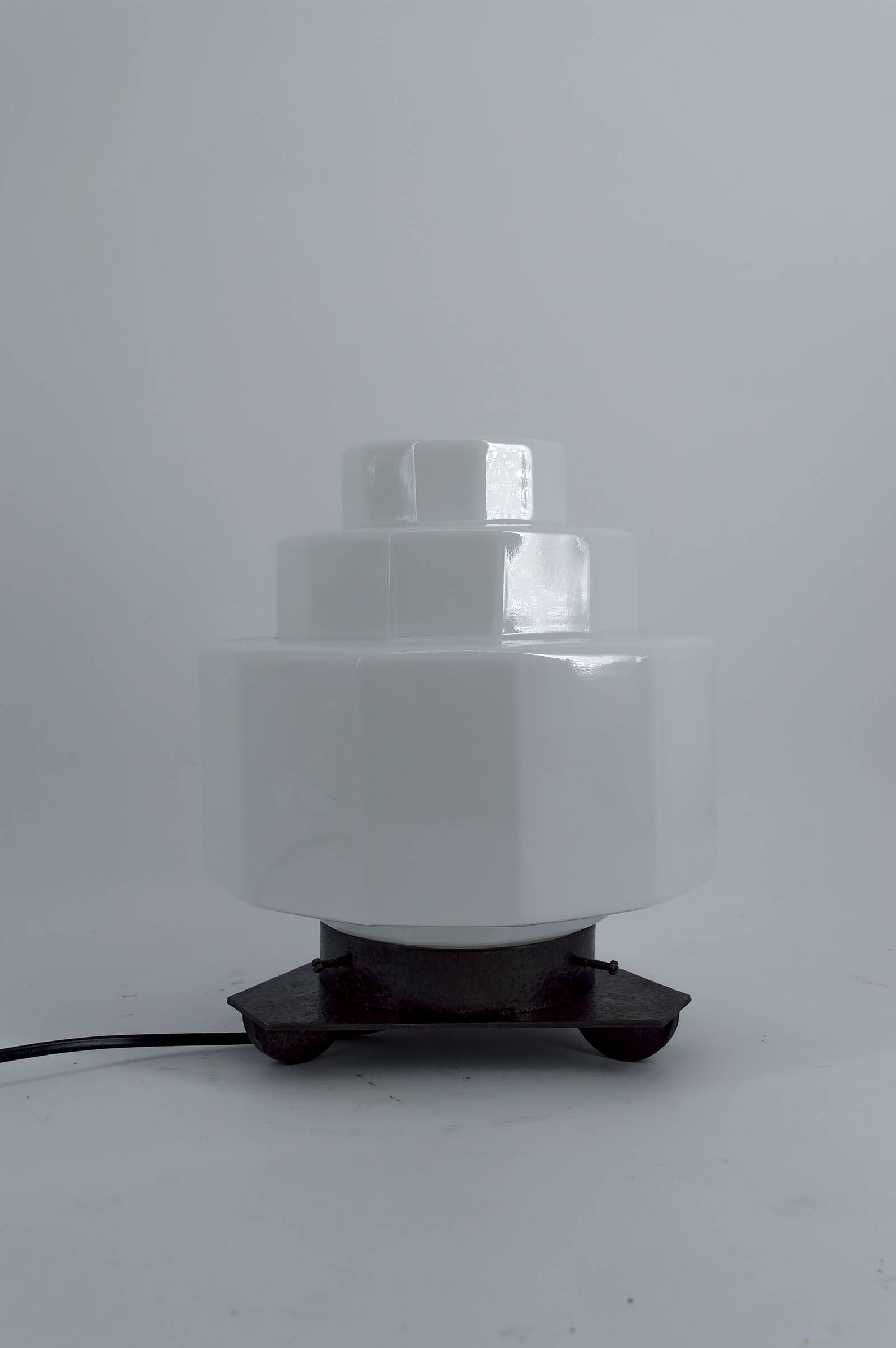 Art Deco Steamline Modern Lamp, circa 1930 – Opaline glass and wrought iron