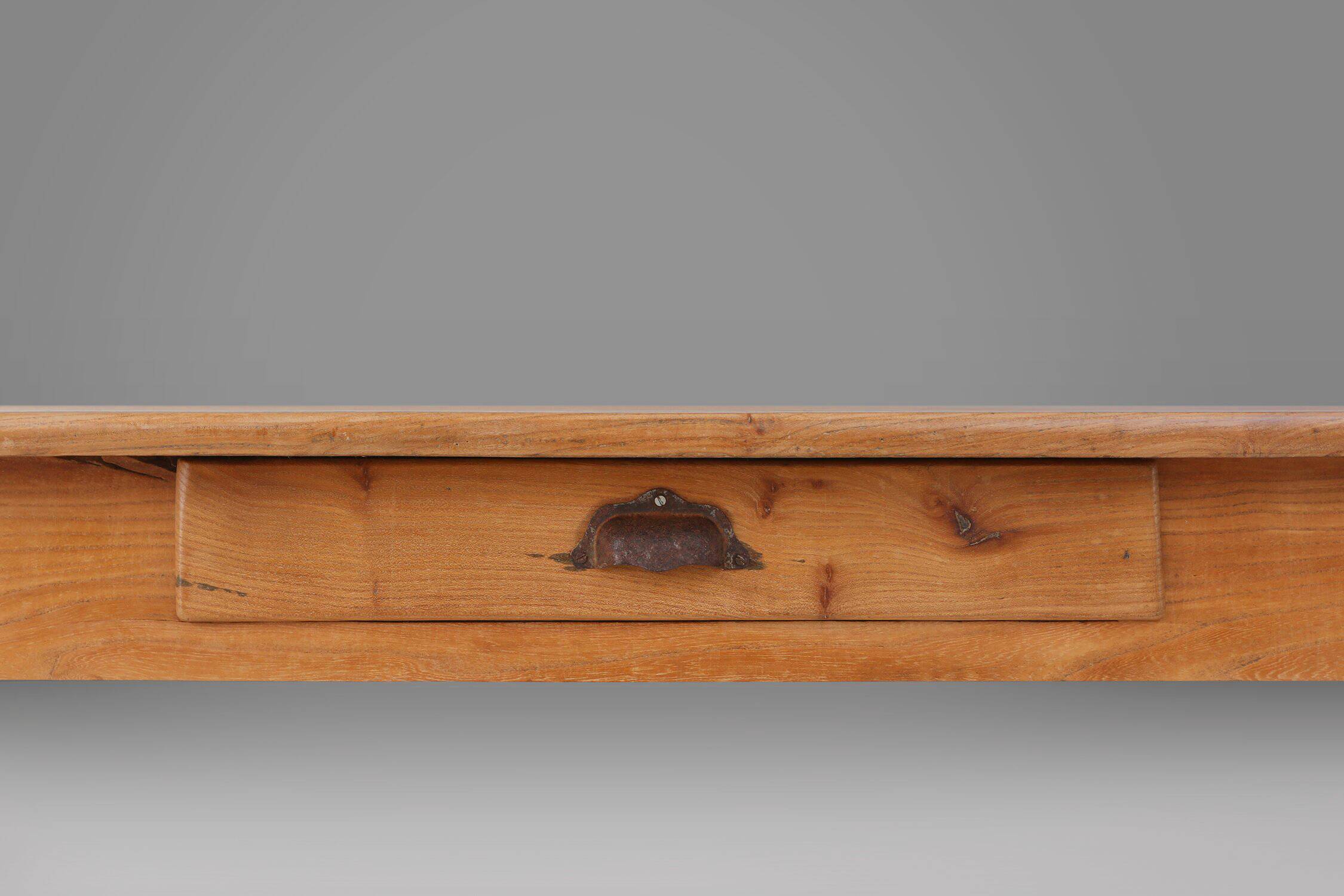 Rustic Elm Dining Table with Drawer, France 1850s