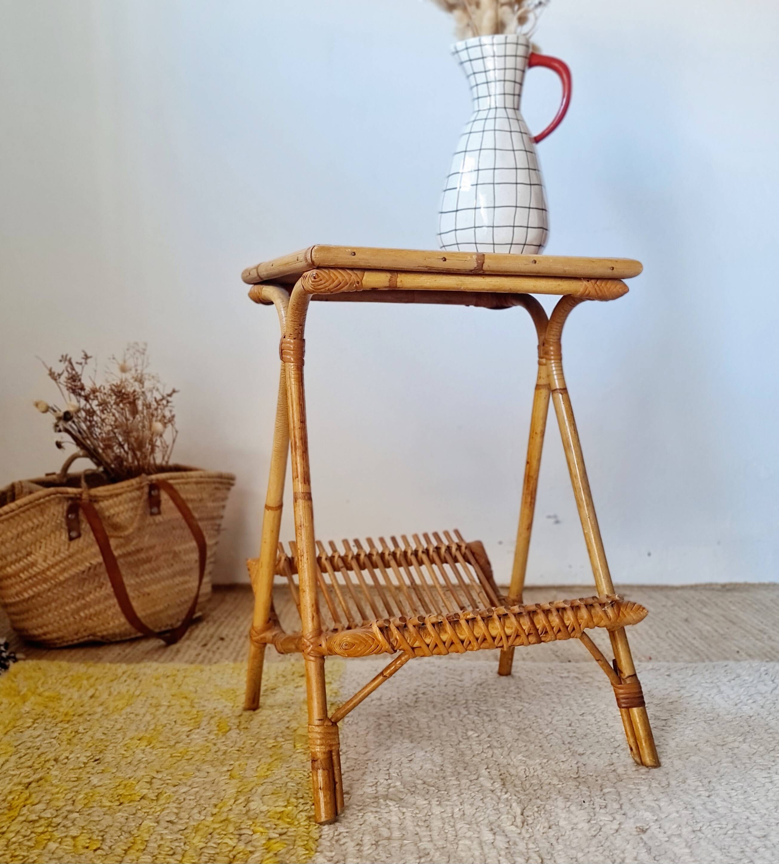 Vintage rattan and bamboo side table – 1960s Riviera style -