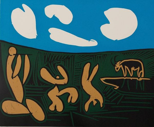 Pablo Picasso : Bacchanale, acrobates et taureau, Linogravure (1962)