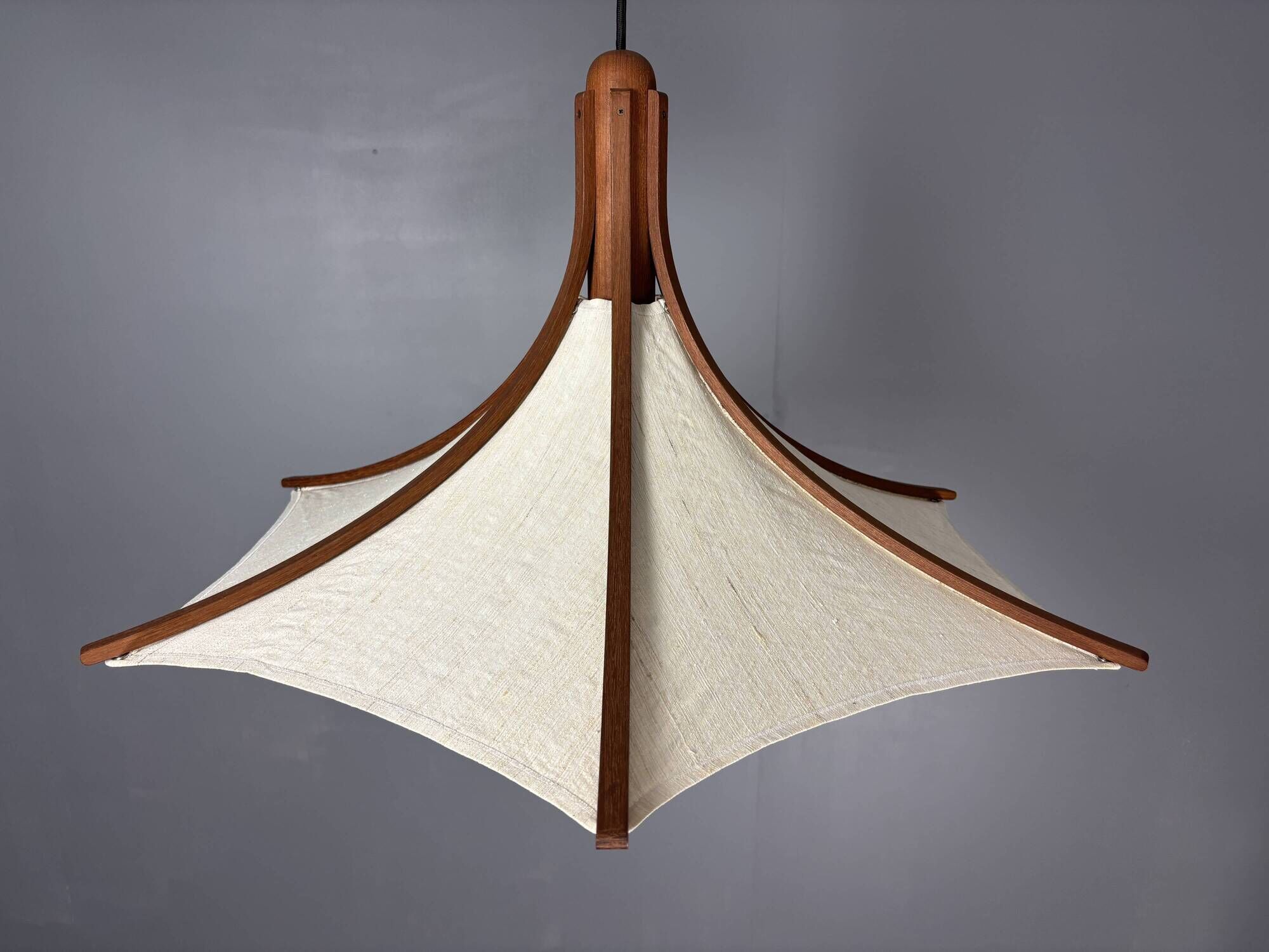 Teak And Linen Umbrella Counter Balance Pendant By Domus, 1970s