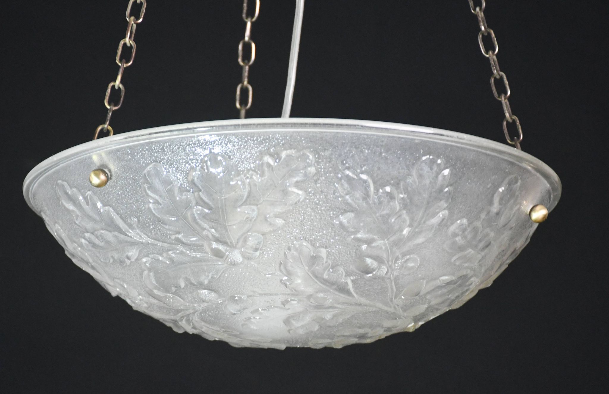 French Art Deco glass bowl pendant chandelier with floral pattern, 1950