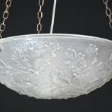 French Art Deco glass bowl pendant chandelier with floral pattern, 1950