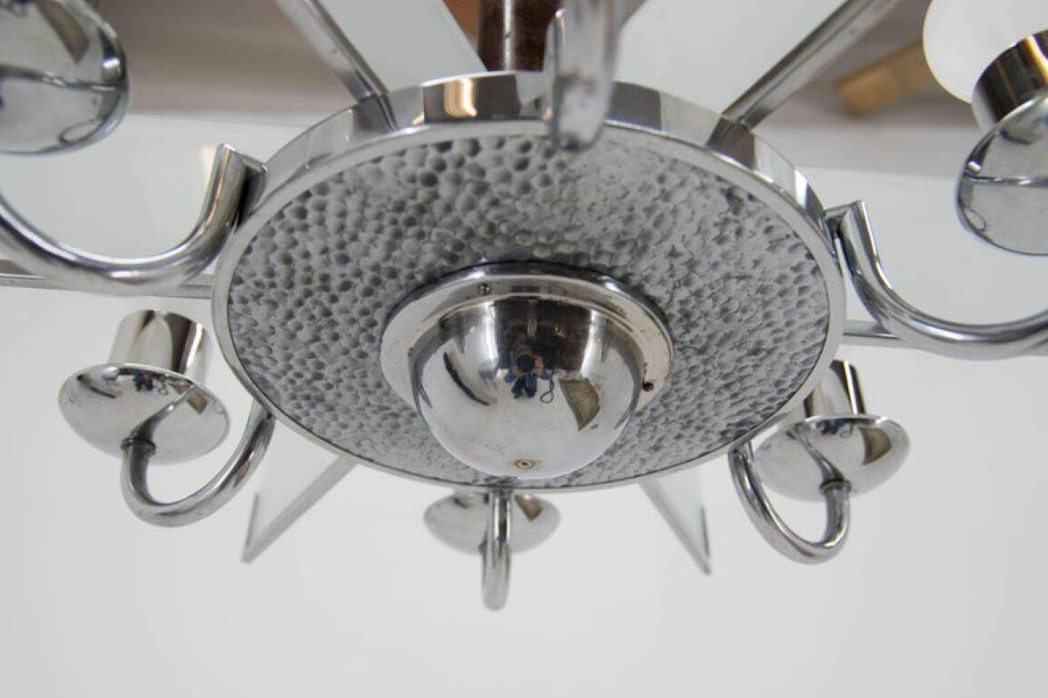 Six-Arm Art Deco Chandelier in Chrome and Sandblasted Glass, 1940s